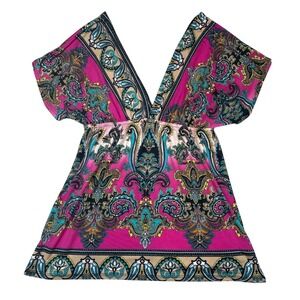 Sugar Tart Womens Small Paisley Tunic Top Magenta Teal Boho V-Neck Tie Back Y2K